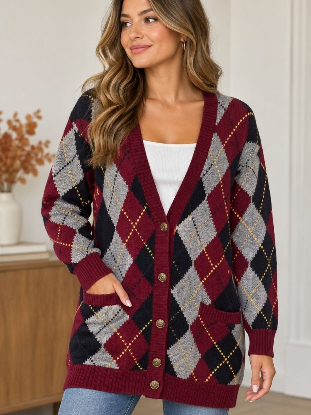 JH Collectibles Vintage Argyle Cardigan Women’s Small Burgundy Longline Sweater